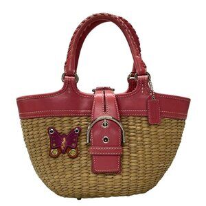 Auth COACH Butterfly Straw Bag 6270 Beige Pink Straw Leather - Handbag